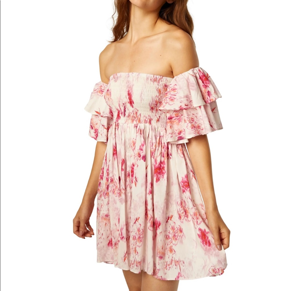 NWT MISA Los Angeles Dima Shirred Ruffled Mini Dress Pink Floral Size Large